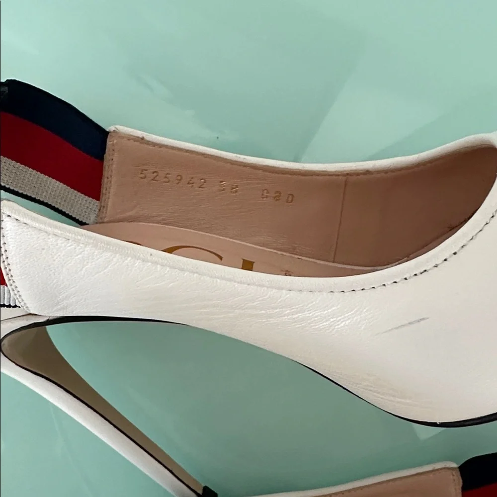 Gucci White Leather Sylvia Elastic Slingback Heels  Box & Two Dust Bags